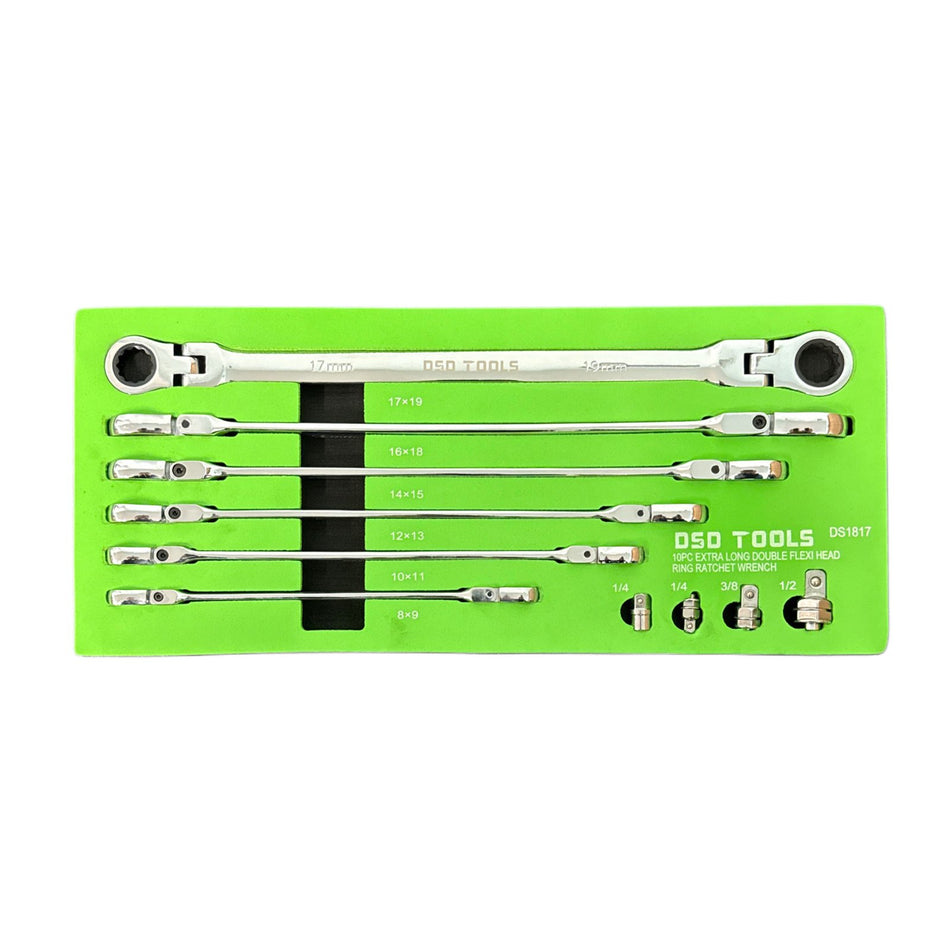 10 PIECES EXTRA LONG RING SPANNER WRENCHES WITH DOUBLE FLEXIBLE HEAD DS1817