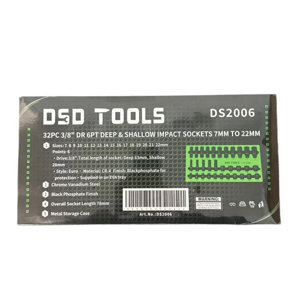 32-PIECE 3/8” GEAR 6-POINT DEEP AND SHALLOW IMPACT SOCKET SET DS2006