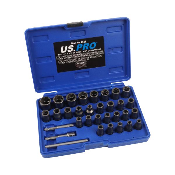1/4" and 3/8" drive impact screw extractor set, 32 pieces US7551