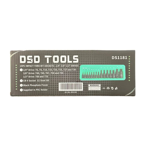 15-Piece Impact Torx Bit Set – 1/4, 3/8, 1/2 Drives DS1181