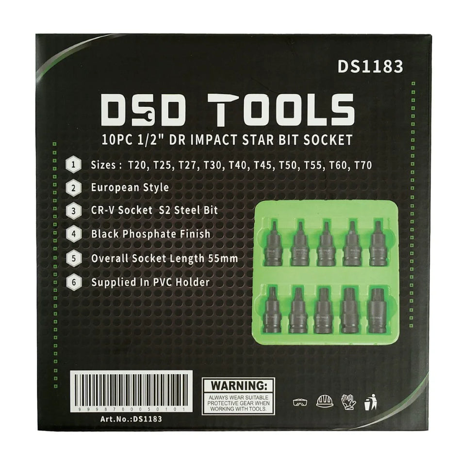 1/2" PAVAROS IMPACT "STAR" STAR-SHAPED BITS-SOCKETS, 10 PCS. DS1183
