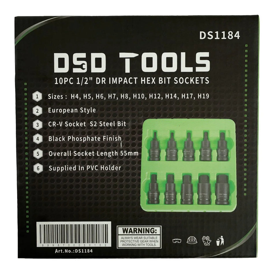 1/2" PAVAROS IMPACT "HEX" HEXAGONAL SOCKETS, 10 PCS. DS1184