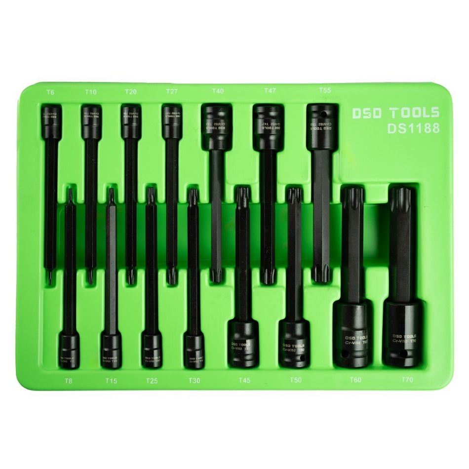 LONG IMPACT "TORX®" BITS-SOCKETS 1/4" 3/8" 1/2" DRIVES, 15PCS. DS1188