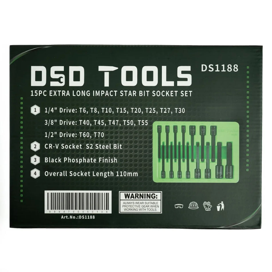 LONG IMPACT "TORX®" BITS-SOCKETS 1/4" 3/8" 1/2" DRIVES, 15PCS. DS1188