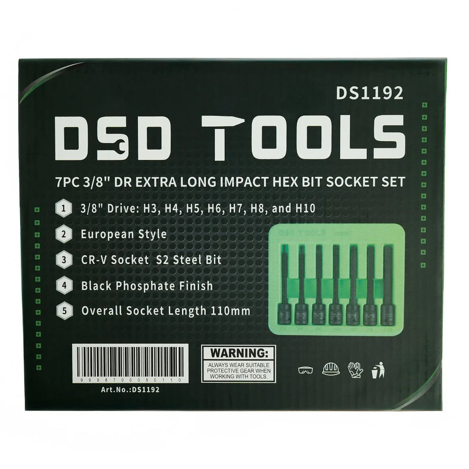 3/8" Set of Especially Long Impact Hexagonal Socket Bits, 7 pcs. DS1192