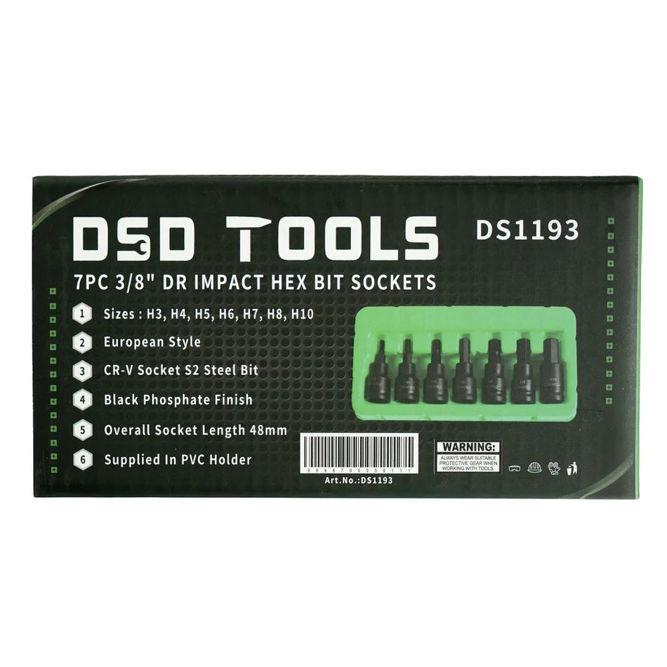 3/8" DRIVE IMPACT "HEX" HEXAGONAL SOCKETS, 7 PCS. DS1193