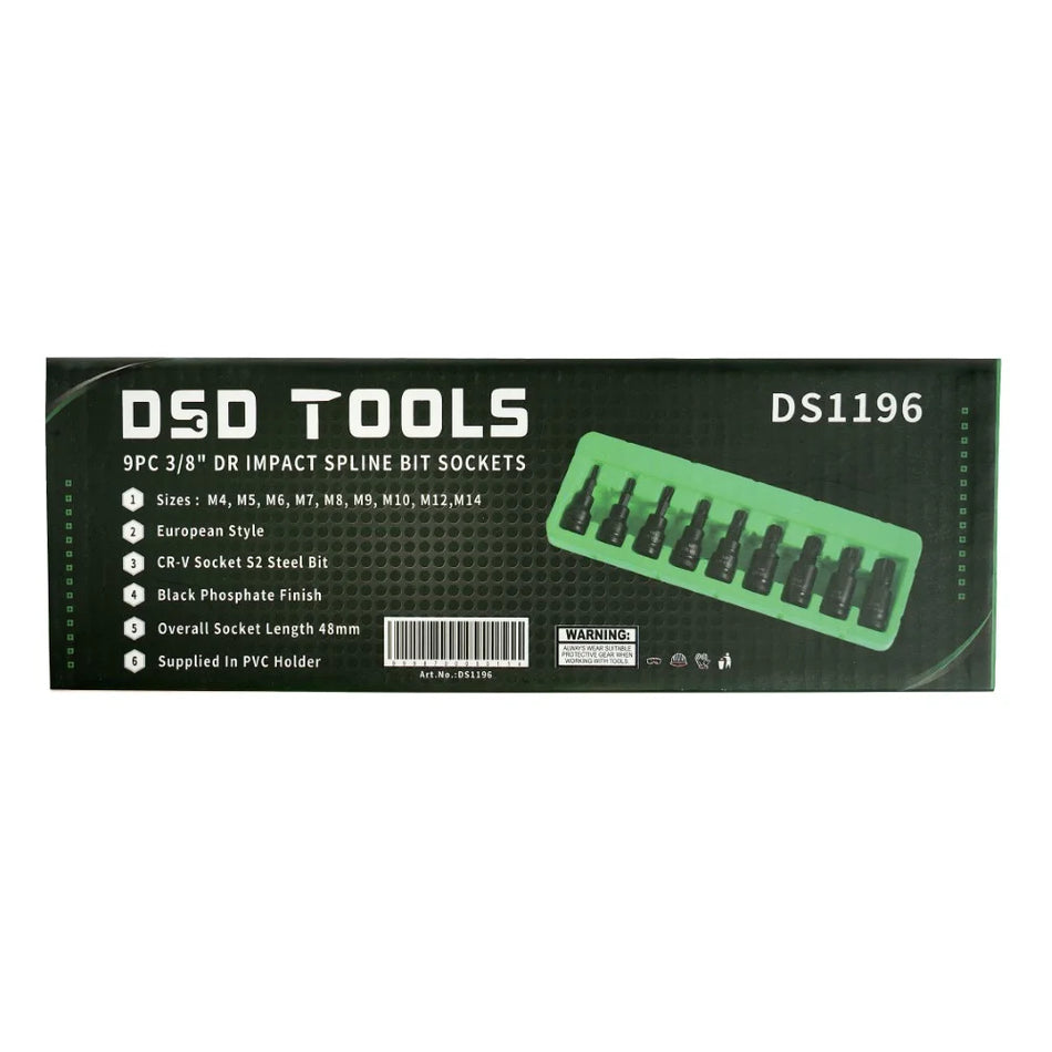 3/8" PAVAROS IMPACT "SPLINE" TYPE SOCKETS, 9 PCS. DS1196