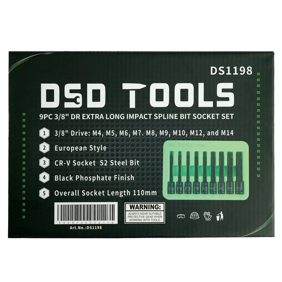 3/8" Extra Long Impact "Spline" Socket Set, 9 Pieces DS1198