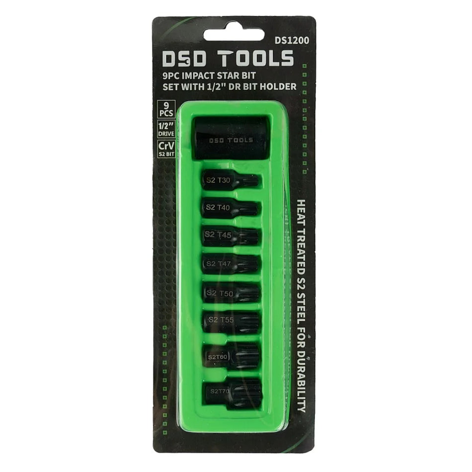 1/2" Set of Impact "Torx" Star Bits with 1/2" Bit Holder, 9 Pieces DS1200