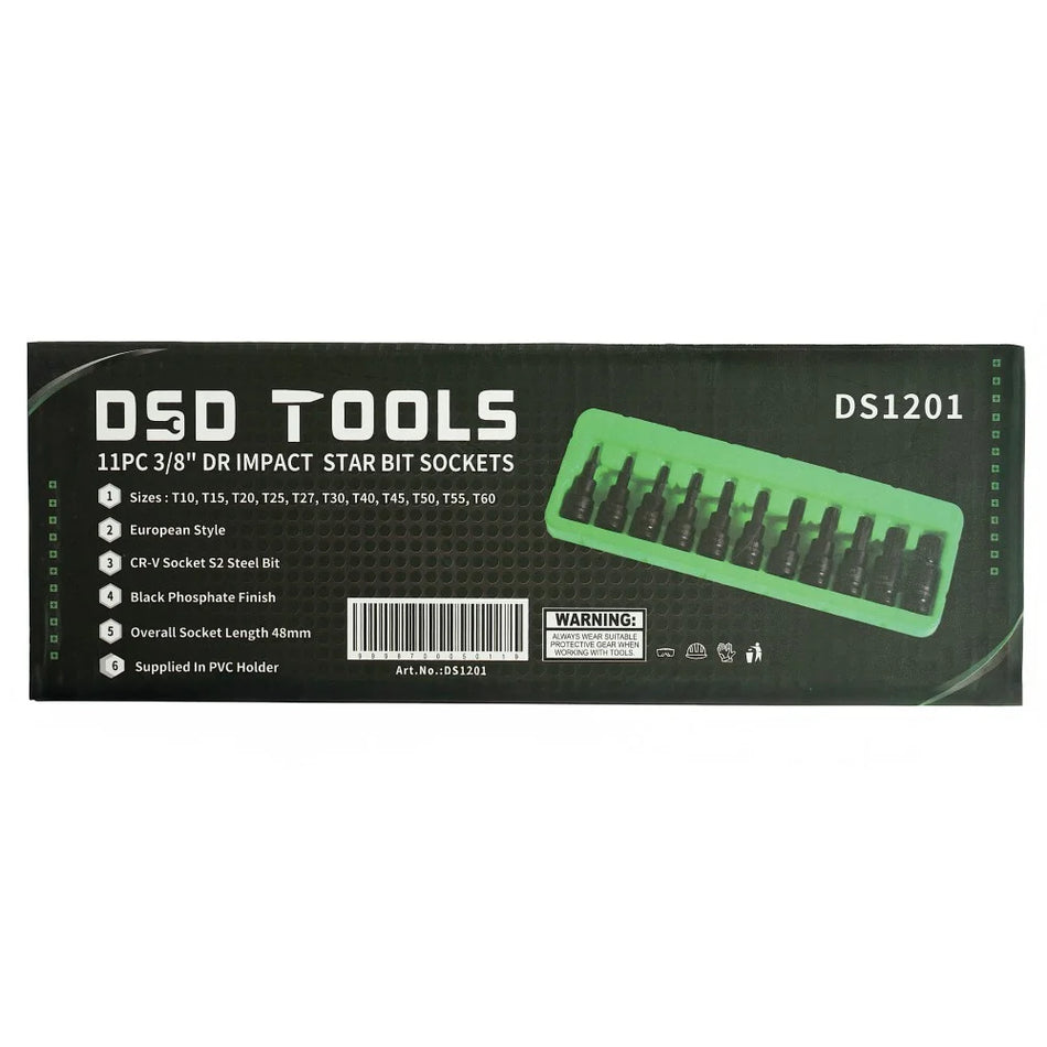 3/8" PAVAROS IMPACT "TORX" STAR SOCKETS WITH BITS, 11 PCS. DS1201