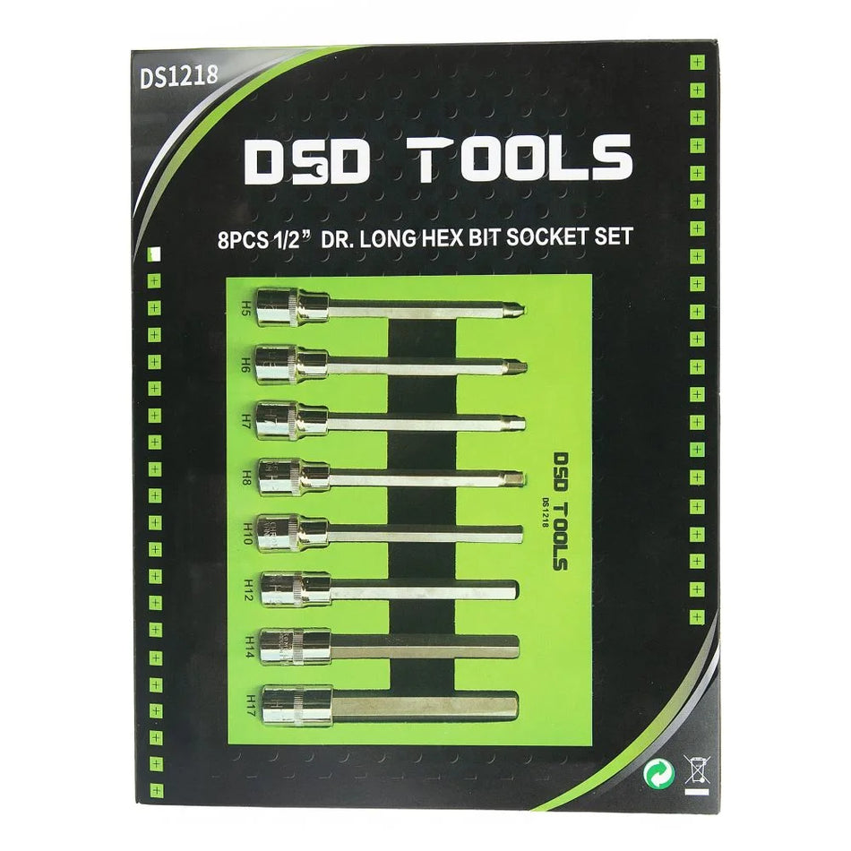 1/2” LONG HEXAGONAL "HEX" SOCKET BIT SET, 8 PCS. DS1218