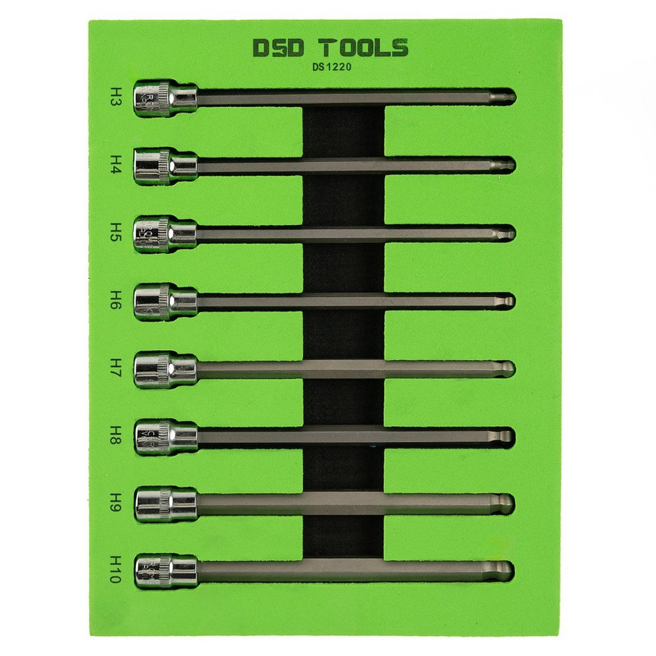 LONG 3/8" HEX DRIVE HEXAGONAL "HEX" SOCKETS WITH BALL END SET, 8PCS DS1220