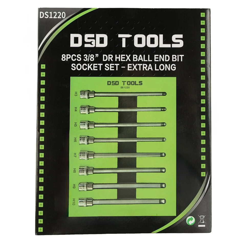 LONG 3/8" HEX DRIVE HEXAGONAL "HEX" SOCKETS WITH BALL END SET, 8PCS DS1220
