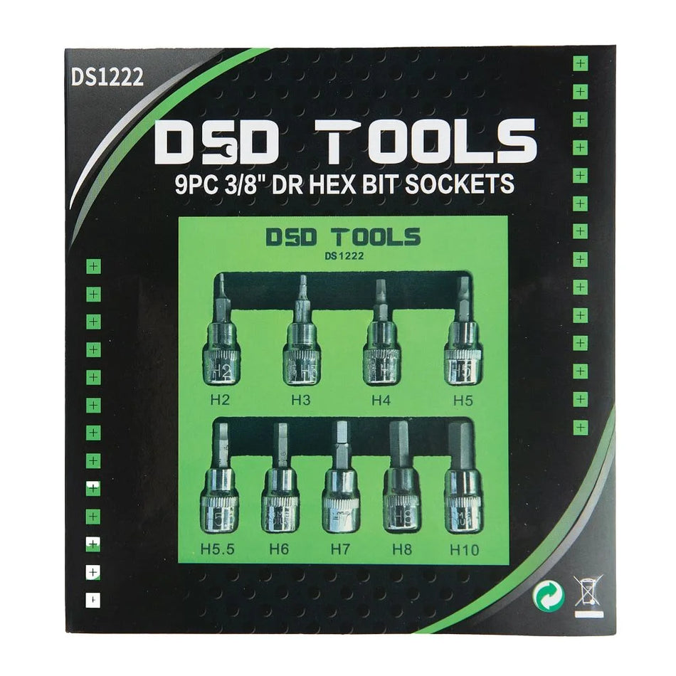 3/8" Set of 9 PAVAROS Hexagonal "HEX" Socket Bits DS1222