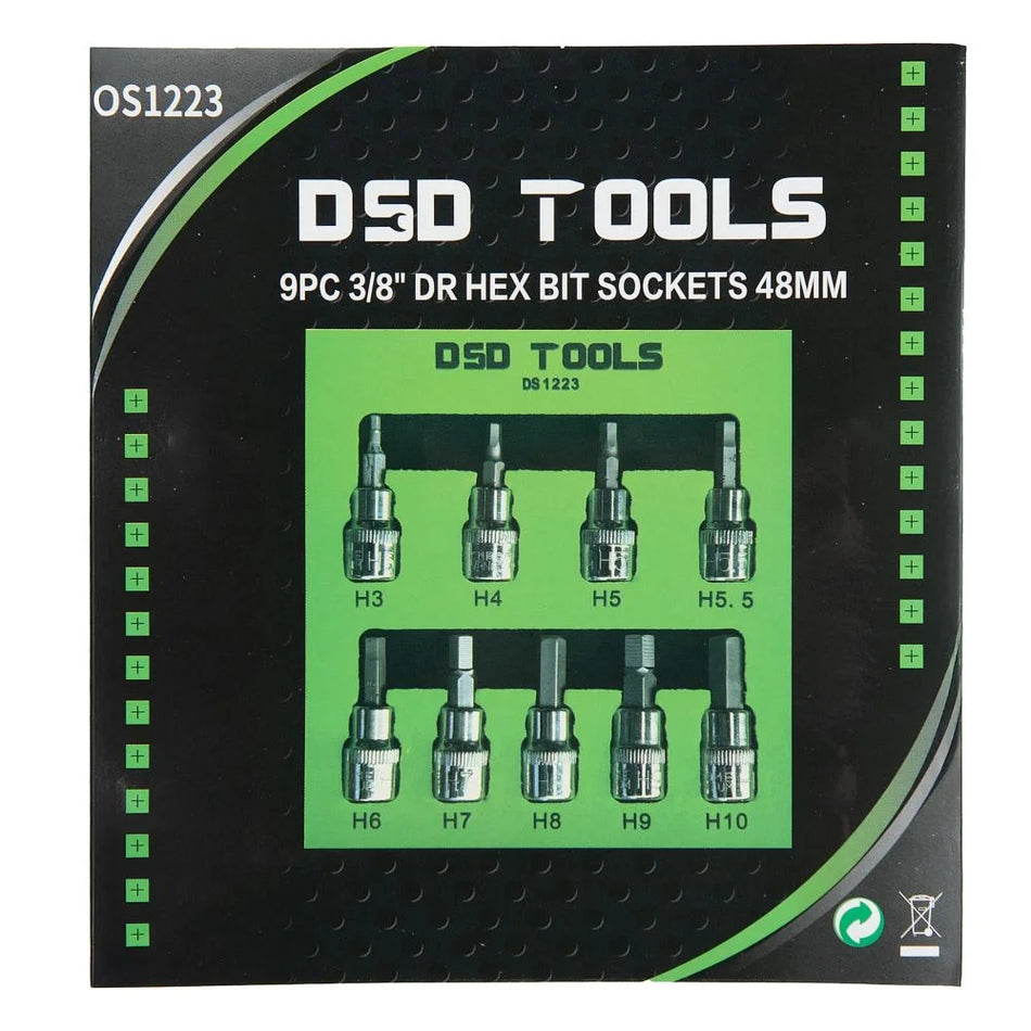 3/8" SET OF HEXAGONAL "HEX" SOCKET HEADS 48 MM, 9 PCS. DS1223