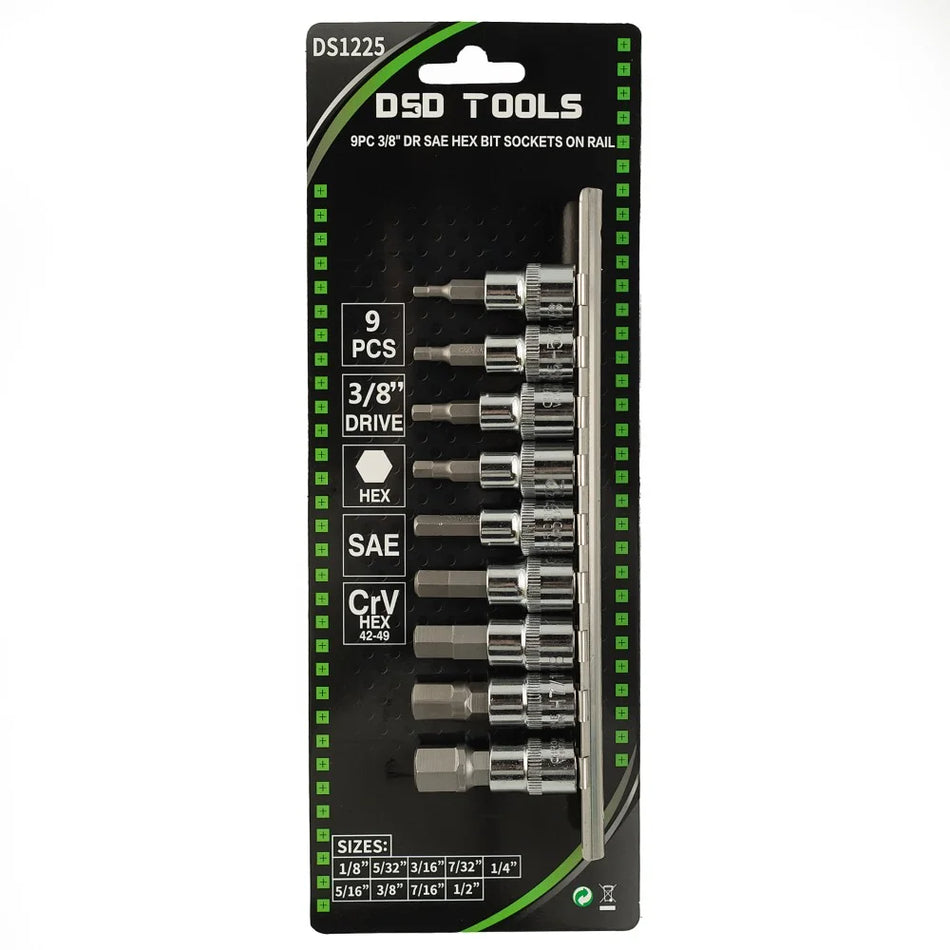 3/8" PAVAROS SAE Hexagon "HEX" Socket Set on Rail, 9 pcs. DS1225