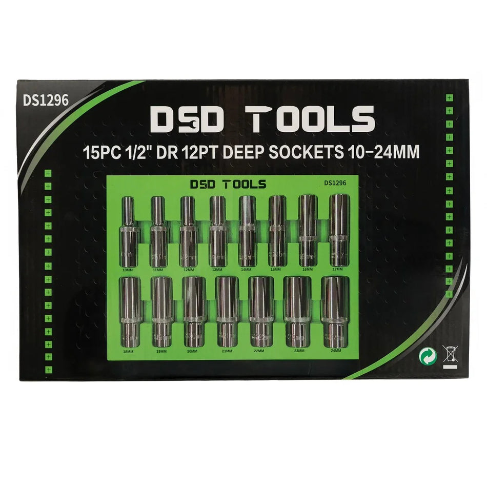 15 PCS. 1/2" 12-POINT DEEP SOCKETS 10-24 mm DS1296