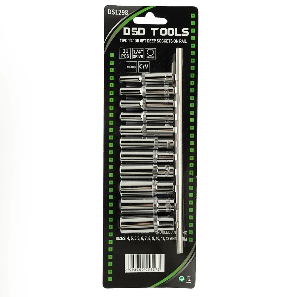 11 PCS. 1/4" 6-POINT DEEP SOCKETS ON RAIL DS1298