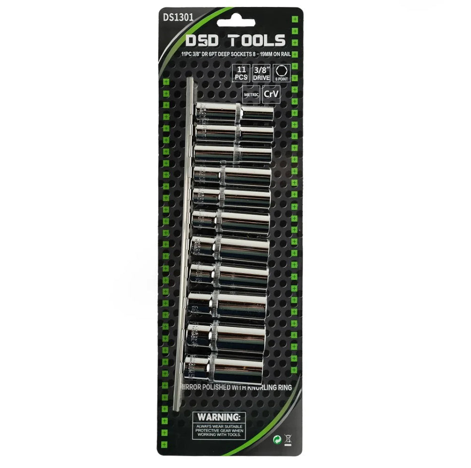 11 PCS. 3/8" 6-POINT DEEP SOCKETS 8 - 19 MM ON RAIL DS1301