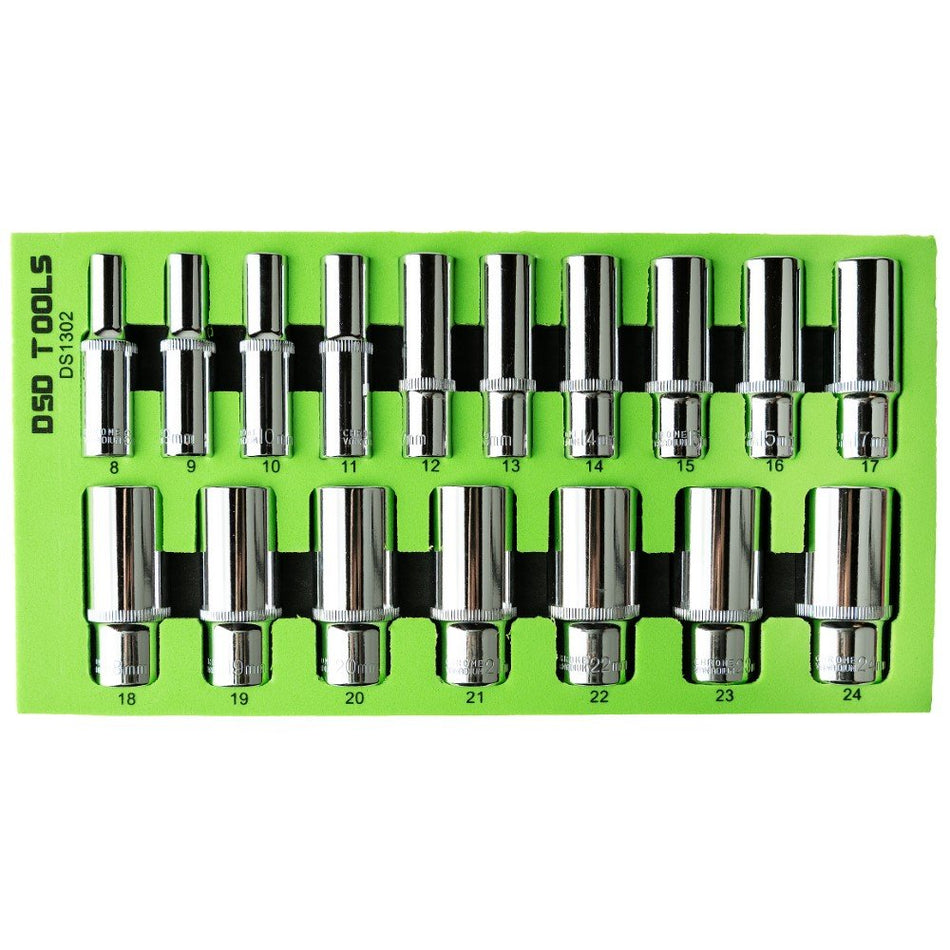 17 PCS. 3/8" 12-POINT DEEP SOCKETS 8 - 24 mm DS1302