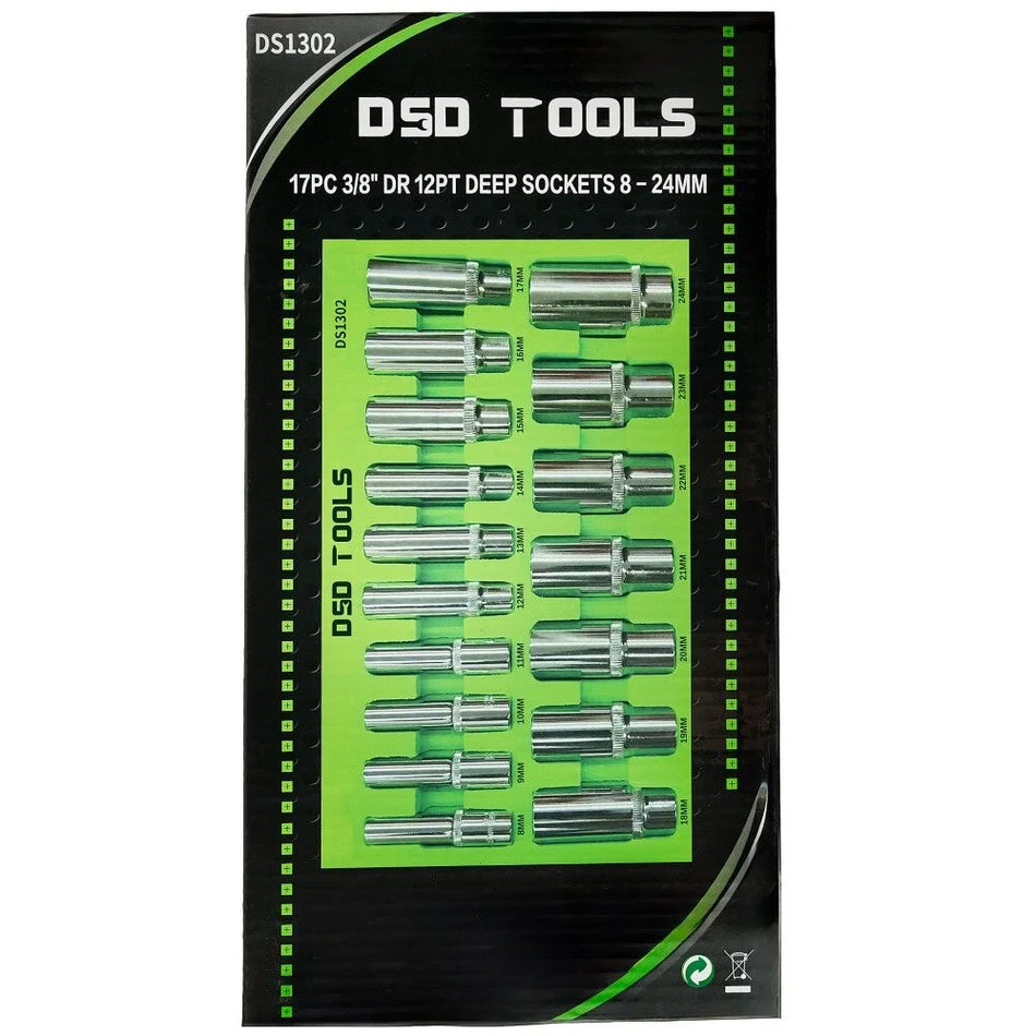 17 PCS. 3/8" 12-POINT DEEP SOCKETS 8 - 24 mm DS1302