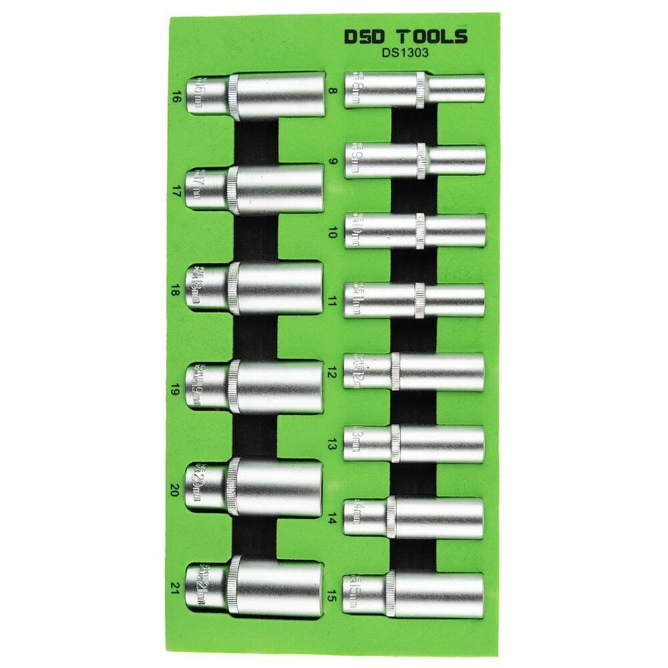 14 PCS. 3/8" LONG SOCKETS 8-21MM, SATIN FINISH DS1303
