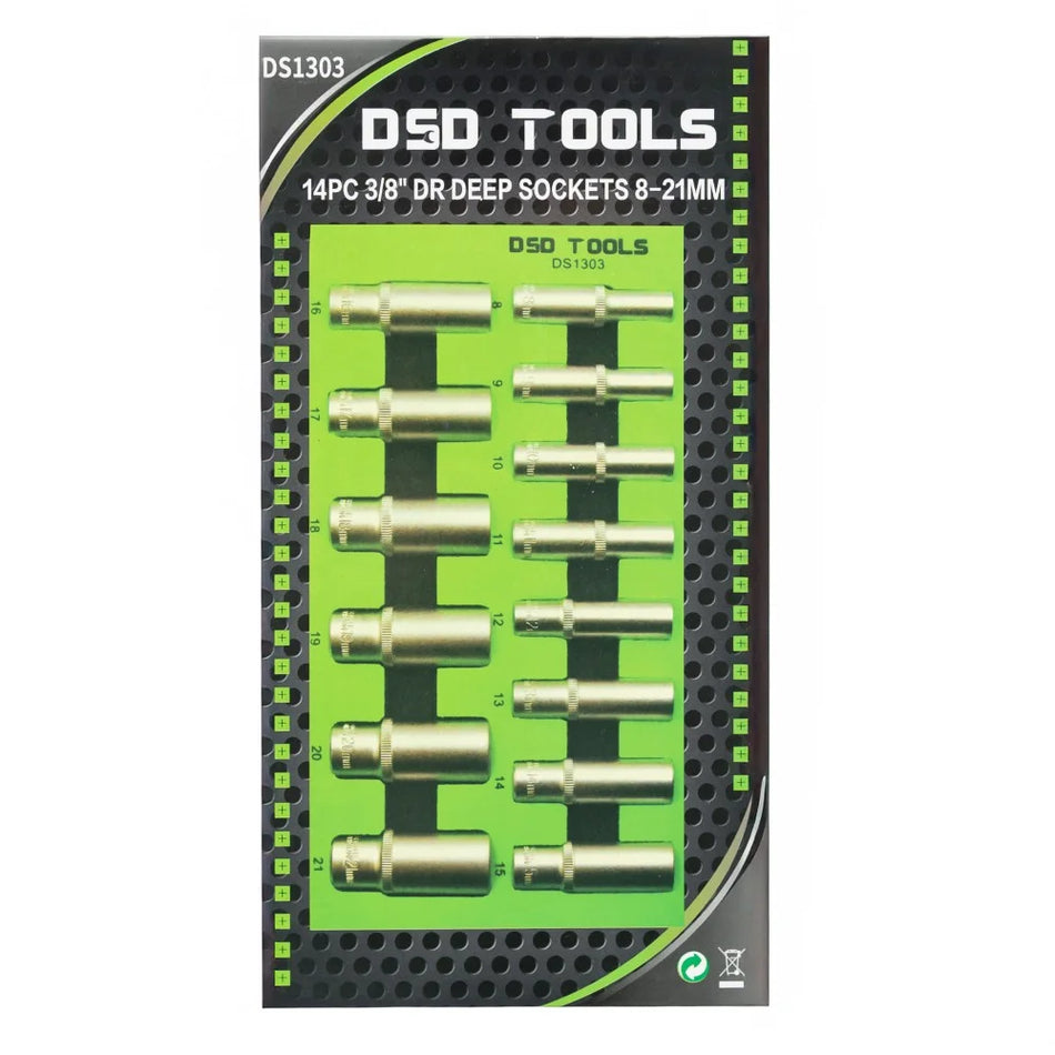 14 PCS. 3/8" LONG SOCKETS 8-21MM, SATIN FINISH DS1303