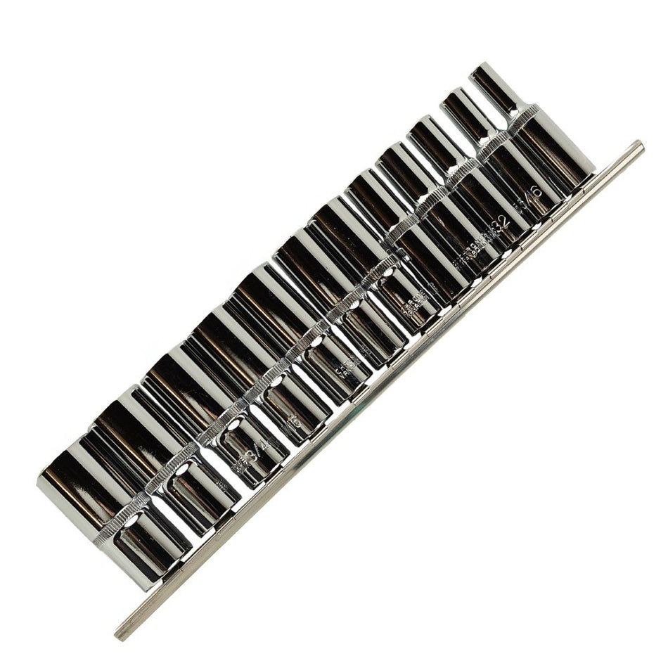 12 PCS. 3/8" 6-POINT DEEP SAE (INCH) SOCKETS ON RAIL DS1305
