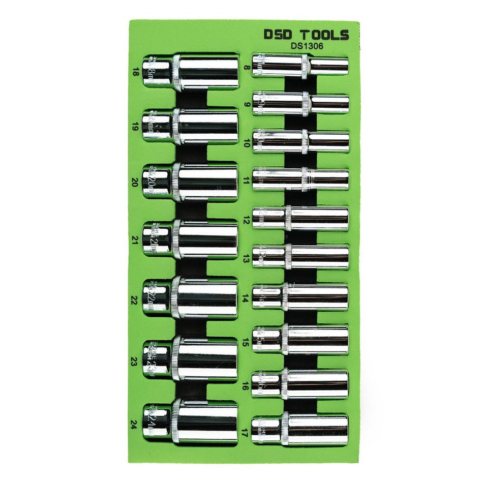 17 PCS. 3/8" 6-POINT DEEP SOCKETS 8 - 24 mm DS1306