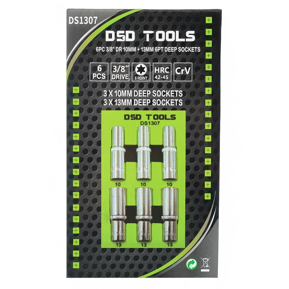 6 PCS. 3/8" 10MM + 13MM 6-POINT SOCKETS DS1307