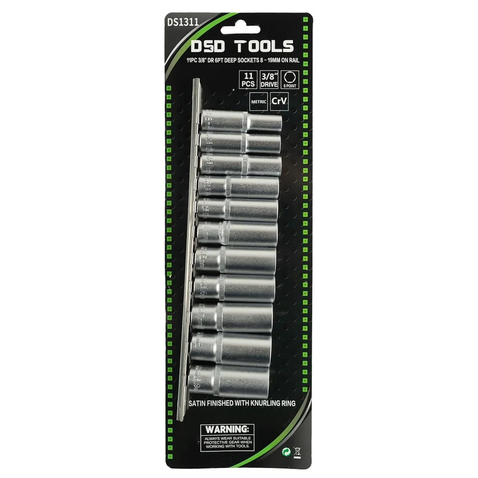 11 PCS. 3/8″ LONG 6-POINT SOCKET SET (8–19 MM) ON HOLDER DS1311