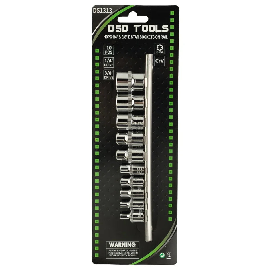 10 PCS. 1/4" to 3/8" Star Sockets on Holder DS1313