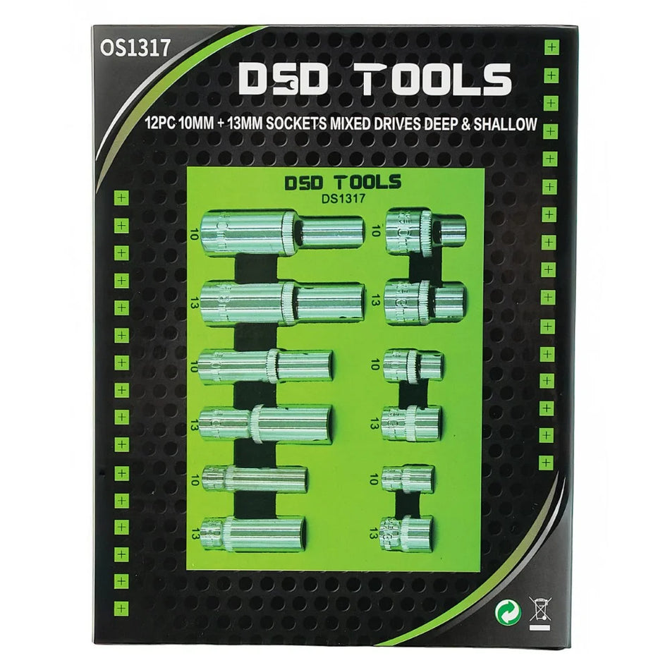 12 PCS. 1/4", 3/8", 1/2" CONNECTORS 10mm OR 13mm SHORT AND DEEP SOCKETS DS1317