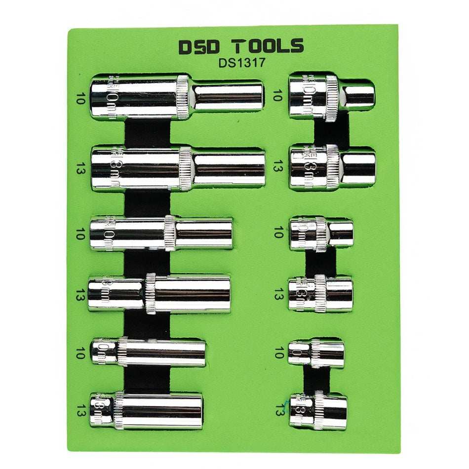 12 PCS. 1/4", 3/8", 1/2" CONNECTORS 10mm OR 13mm SHORT AND DEEP SOCKETS DS1317