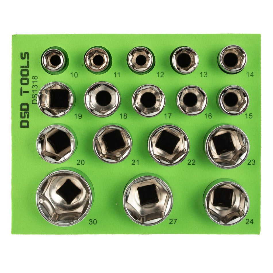 17 PCS. 1/2" 6-POINT SHORT SOCKETS 10 - 30 mm DS1318