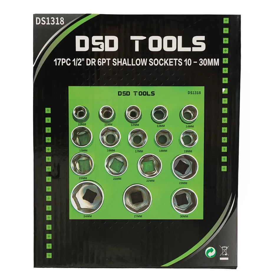 17 PCS. 1/2" 6-POINT SHORT SOCKETS 10 - 30 mm DS1318
