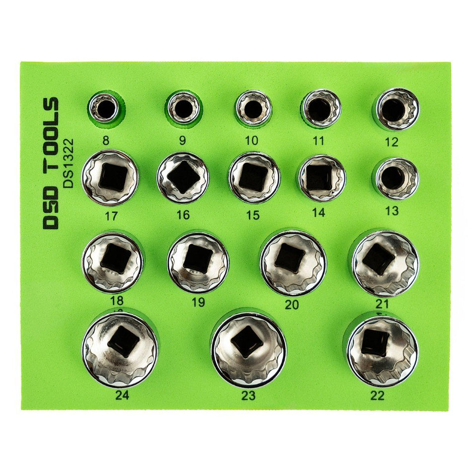 17 PCS. 3/8" 12-POINT SHALLOW SOCKETS 8–24MM DS1322