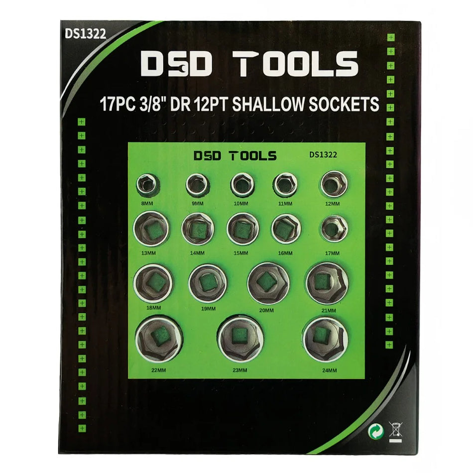 17 PCS. 3/8" 12-POINT SHALLOW SOCKETS 8–24MM DS1322