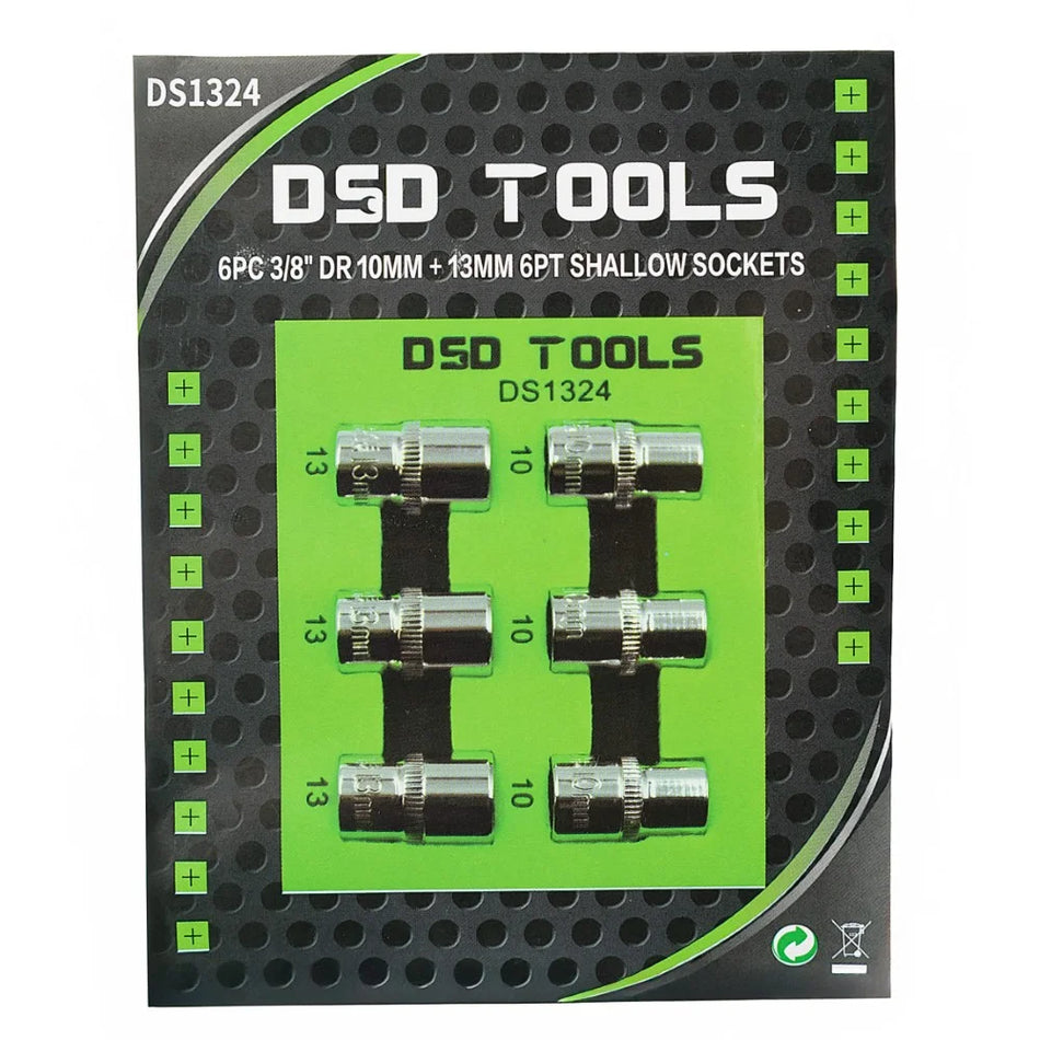 6 PCS. 3/8" CONNECTORS 10 mm + 13 mm SHORT SOCKETS DS1324