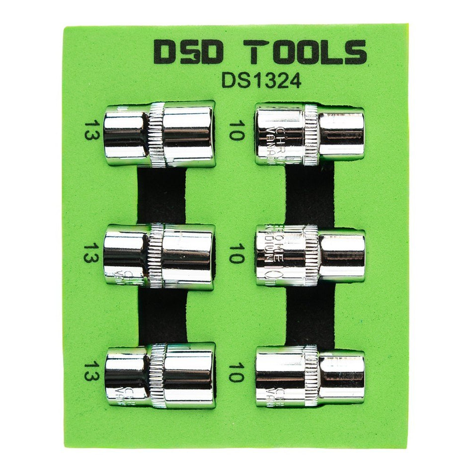6 PCS. 3/8" CONNECTORS 10 mm + 13 mm SHORT SOCKETS DS1324