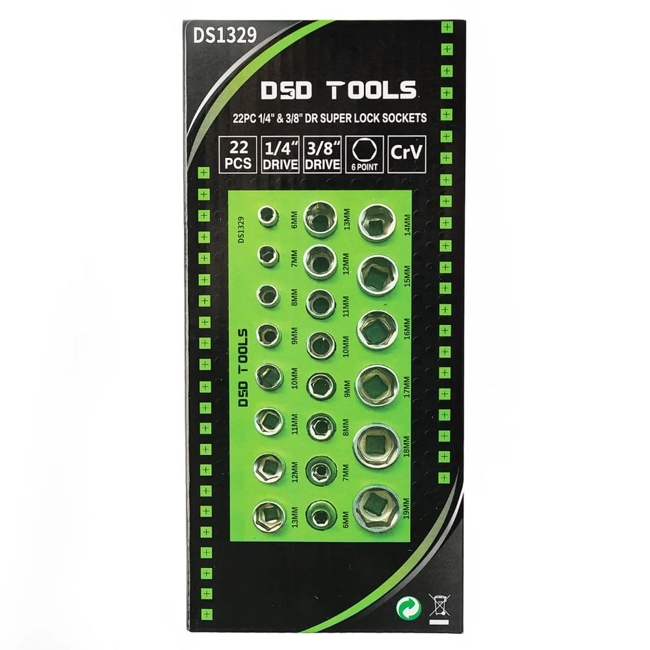 22 PCS. 1/4" and 3/8" SUPER LOCK SOCKETS DS1329