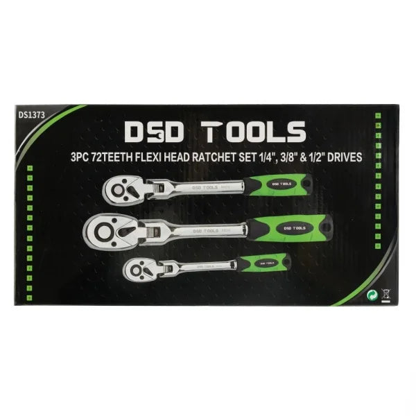 3 PCS FLEXIBLE HEAD RATCHET SET FOR 1/4", 3/8", AND 1/2" CONNECTIONS DS1373
