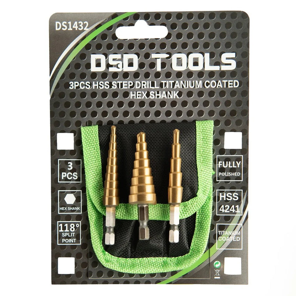 3 PCS. HSS STEP DRILL BIT, TITANIUM COATED, HEXAGONAL SHANK DS1432