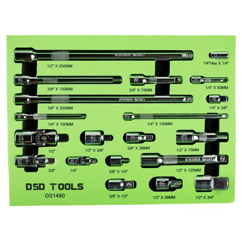 Set of 20 Extension Bars and Adapters - 1/4", 3/8", 1/2" DS1480