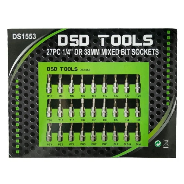 27-PIECE 1/4 DRIVE 38MM MIXED SOCKET SET STAR, HEX, SPLINE, SL, PH, PZ DS1553