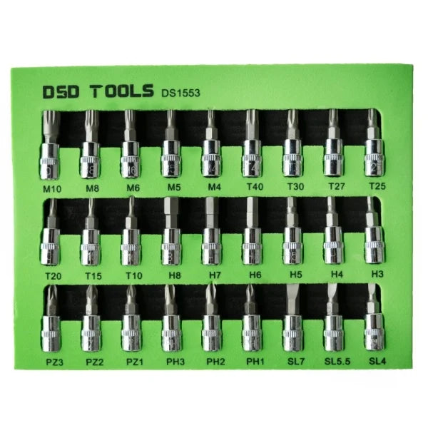 27-PIECE 1/4 DRIVE 38MM MIXED SOCKET SET STAR, HEX, SPLINE, SL, PH, PZ DS1553