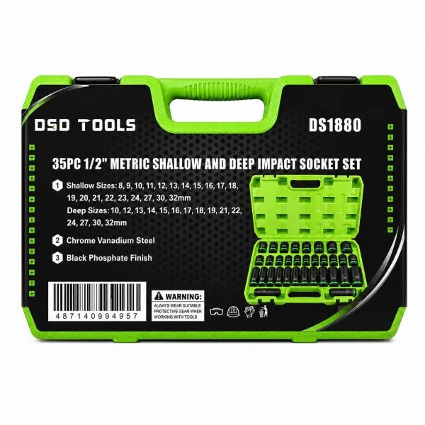 35-piece 1/2″ drive 6-point metric short and long impact socket set DS1880